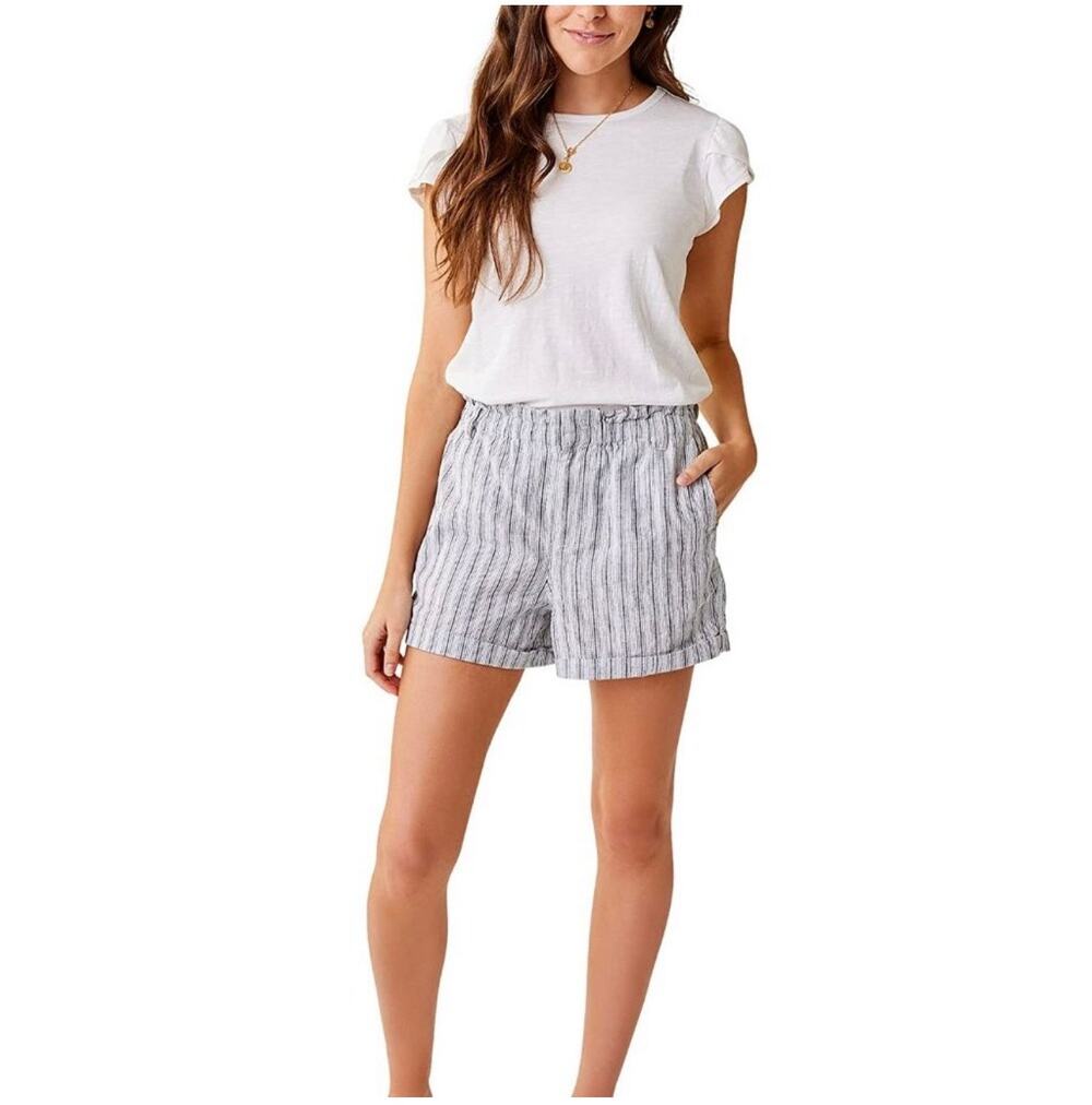Carve Designs Shorts Womens 14 White Navy Journey Linen Cuffed Paperbag Waist